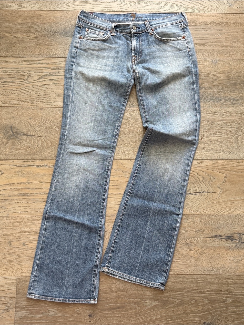 7 For All Man Kind Y2K Distressed Medium Wash Bootcut Jeans Low Rise #700370-28W - Picture 2 of 14